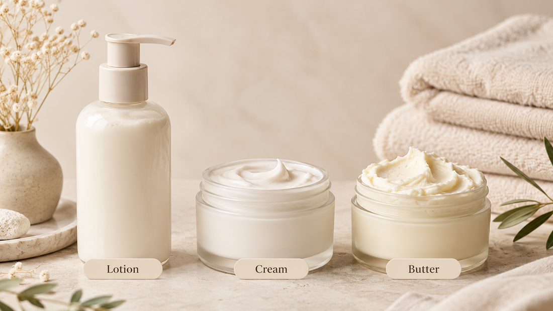 Body lotion, body cream and body butter displayed side by side for a skincare product comparison