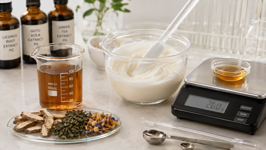 Botanical extract, cream formulation, digital scale and dried herbs in a cosmetic formulation workspace