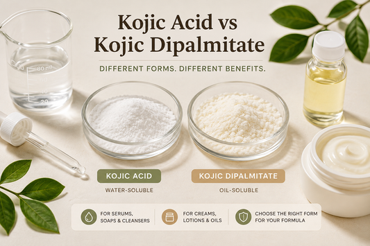 Kojic Acid and Kojic Dipalmitate powders displayed with water, cosmetic oil and cream for formulation comparison