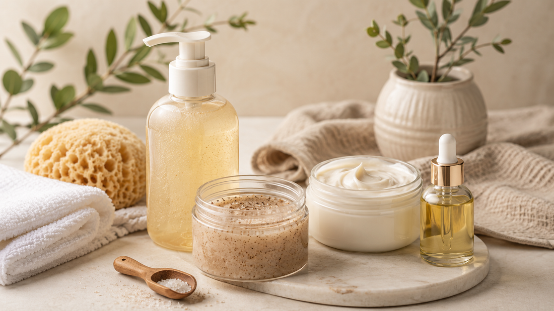 Body cleanser, exfoliating scrub, moisturizing cream and body oil arranged for a simple body-care routine
