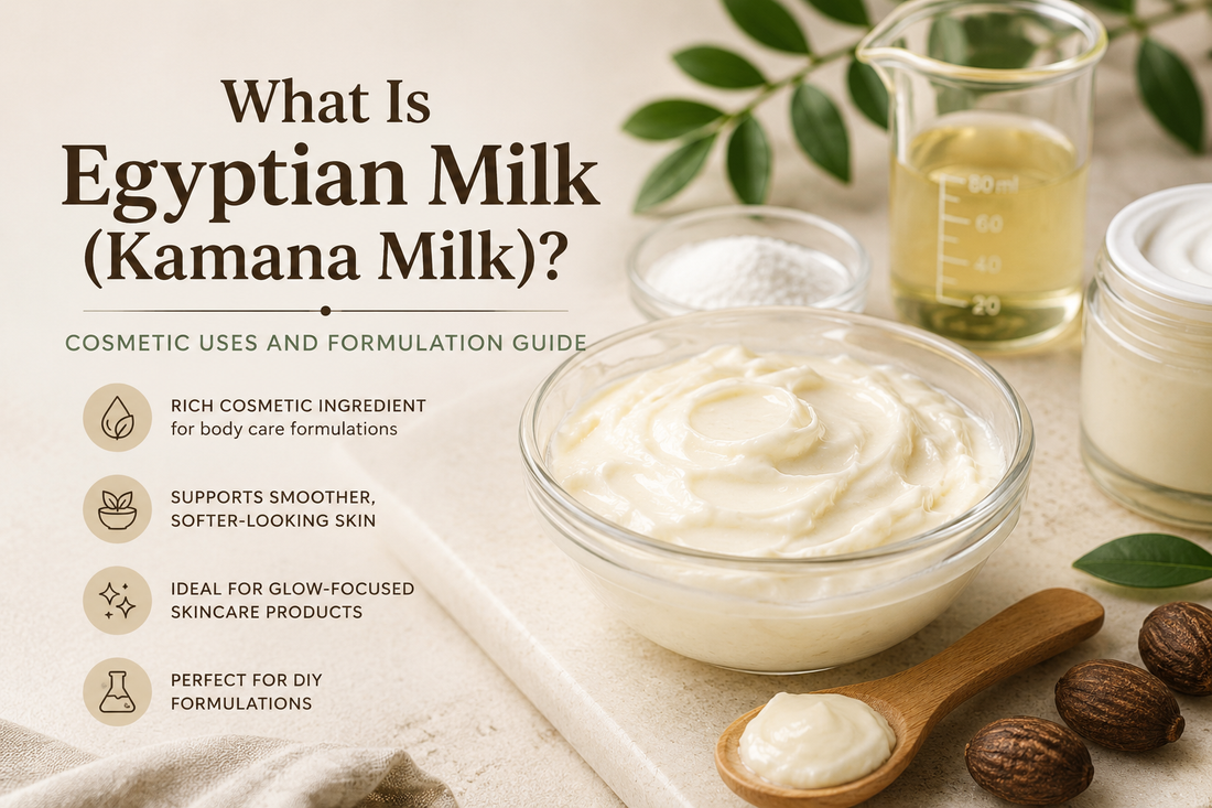 Raw Egyptian Milk (Kamana Milk) cosmetic ingredient with cream, formulation beaker, and skincare ingredients for body-care formulations.