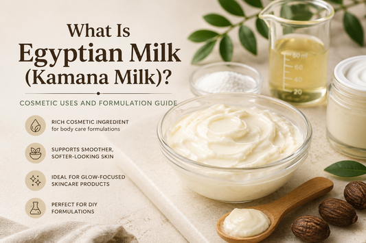 Raw Egyptian Milk (Kamana Milk) cosmetic ingredient with cream, formulation beaker, and skincare ingredients for body-care formulations.