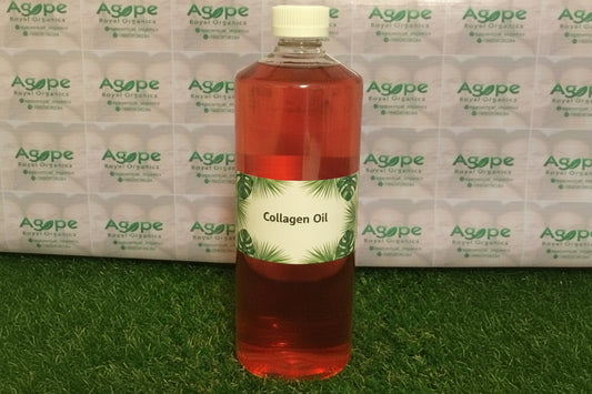 Collagen Oil cosmetic raw material from Agape Sale LLC in a clear bottle with reddish-orange liquid and a white cap.